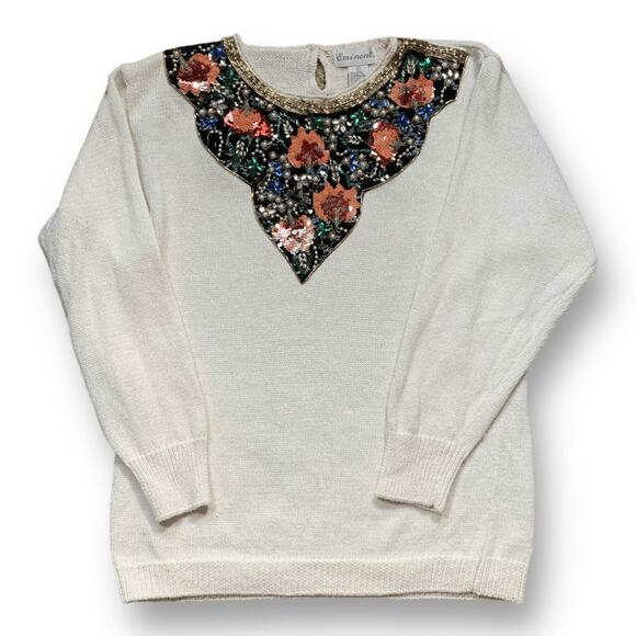 Vintage 80s Cream Sweater Beaded Sequin Burgundy Dark Floral Statement Knit - Picture 3 of 12